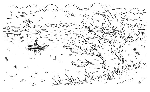 渔夫在船上。古老的日本山水版画，有山，有湖图片下载