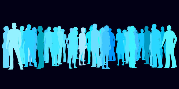 黑暗背景上一群人的剪影。不同蓝色色调的剪影。矢量图图片下载