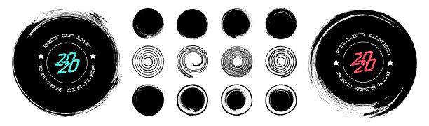 收集抽象的毛笔黑色墨水圈，点和螺旋与粗糙的边缘和肮脏的纹理图片下载