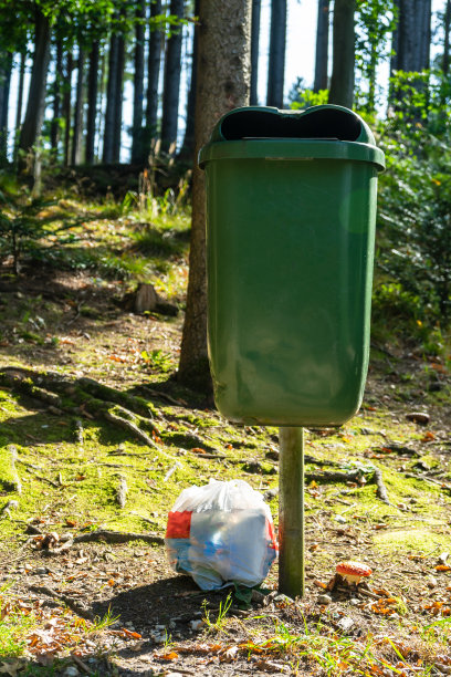 在森林里，非法将垃圾袋倾倒在垃圾桶旁图片下载