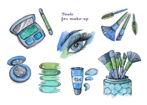 水彩手绘化妆工具集。多色元素图片下载
