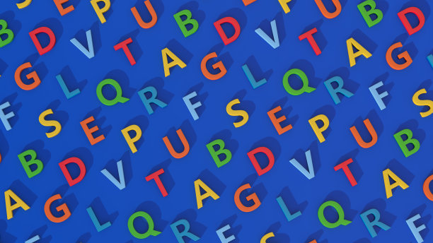 彩色字母。蓝色背景，抽象插图，3d渲染。图片下载