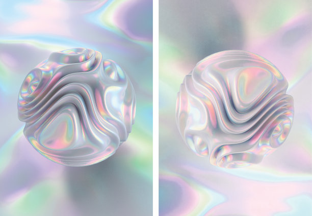 使用抽象粉彩液态金属形状的全息背景设计模板。3D渲染图片下载