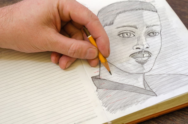一名男子在一本打开的日记中用铅笔素描了一名年轻的成年男子图片下载