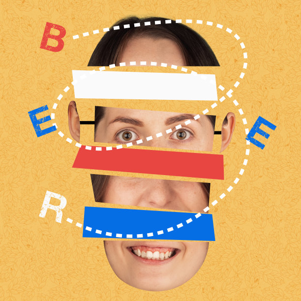 当代艺术拼贴，由人脸部分组成，并留有空白的文字图片下载