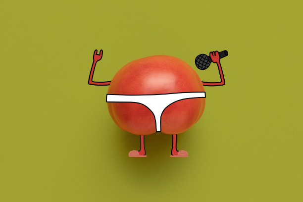 当代艺术拼贴歌唱番茄孤立在绿色背景图片下载