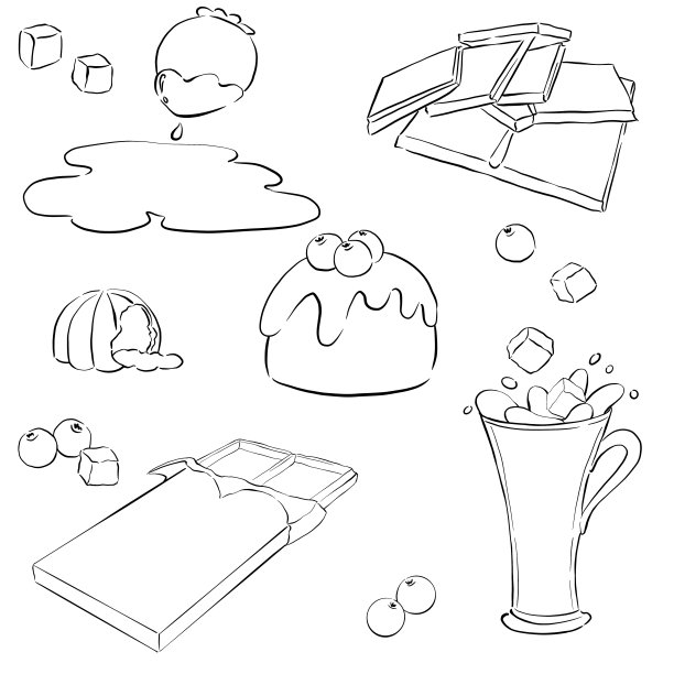 艺术线条插图。热巧克力，糖果和带浆果的糖果。图片下载