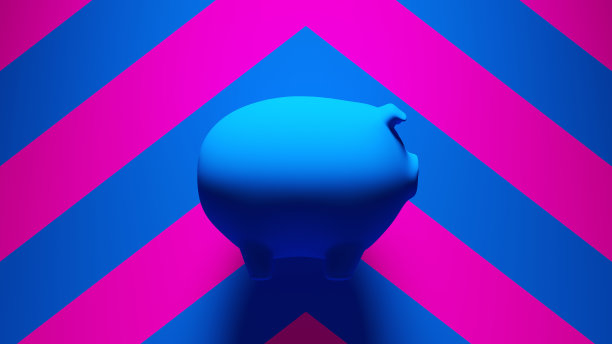 蓝色小猪储蓄罐储蓄符号传统金融存款与粉红色的蓝色雪佛龙背景图片下载