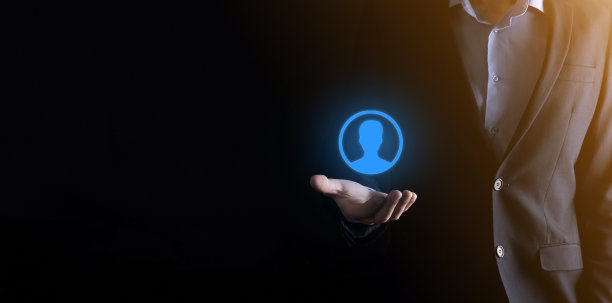 西装商人伸出手用户图标。Internet图标界面前景。全球网络媒体概念，虚拟屏幕上的接触，复制空间图片下载