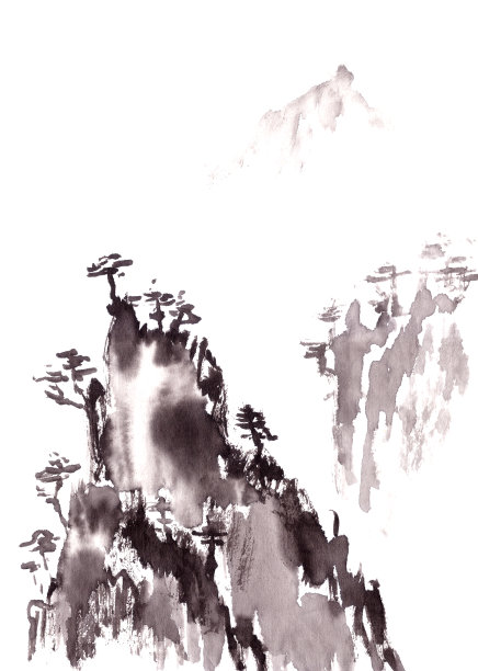 松树上的岩石单色黑白中国风格水墨画图片下载