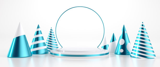 基座与现代的白色和蓝色圣诞树。空间背景。新年概念- 3D插图图片下载