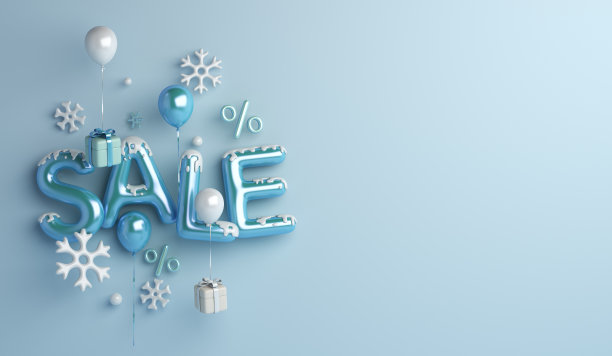 冬季销售背景与气球，雪花，礼盒，复制空间文本，3D渲染插图图片下载