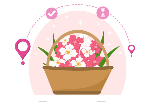 用卡车，汽车或摩托车的快递员手持鲜花订购花束的网上业务。背景矢量图图片下载