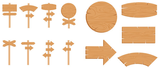 木制方向的迹象。一套古老的木制指针孤立在白色背景。向量,卡通插图。向量。图片下载