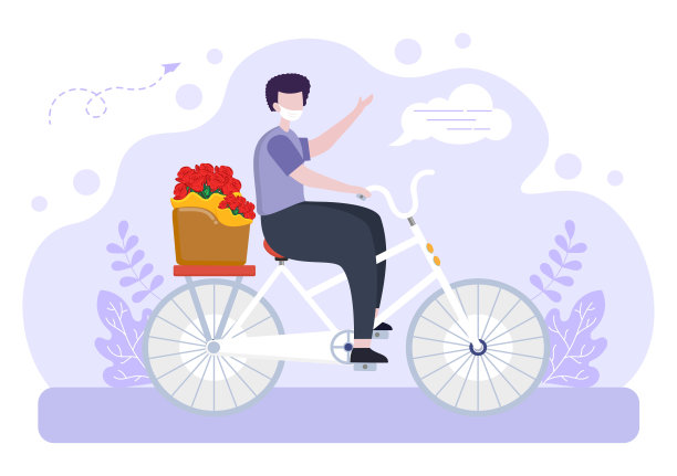 用卡车，汽车或摩托车的快递员手持鲜花订购花束的网上业务。背景矢量图图片下载
