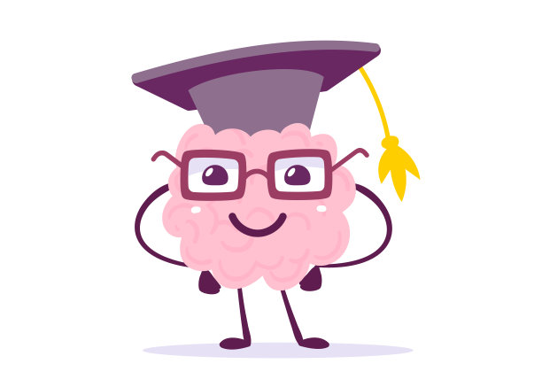 在白色背景上的眼镜和研究生帽的快乐粉红色人脑字符的矢量创意插图。平面涂鸦风格快乐脑毕业知识概念设计图片下载
