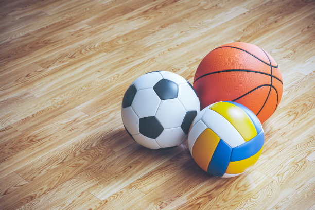 在体育馆3D拼花地板上的运动球图片下载