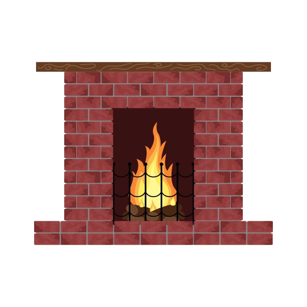 砖砌壁炉，火焰隔离。对象元素在白色背景上。矢量插图。图片下载