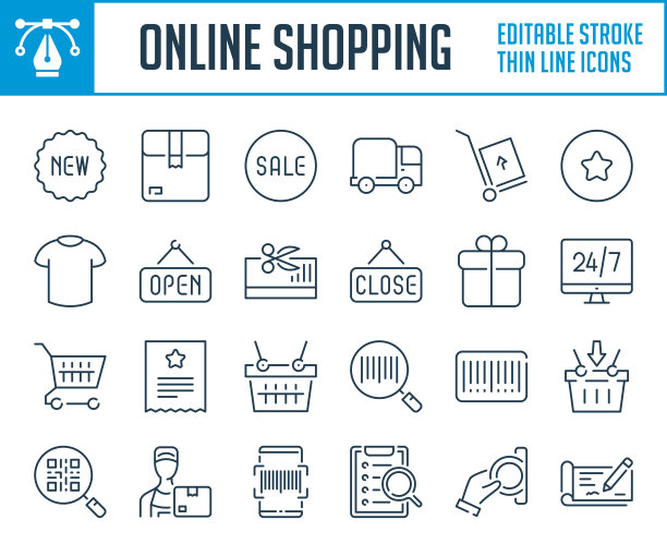 网上购物和电子商务细线图标。图片下载