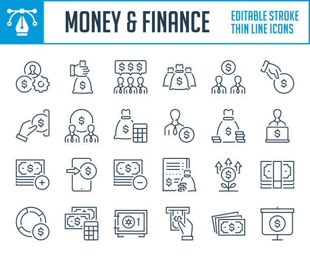 金钱，金融和商业的细线图标。图片下载