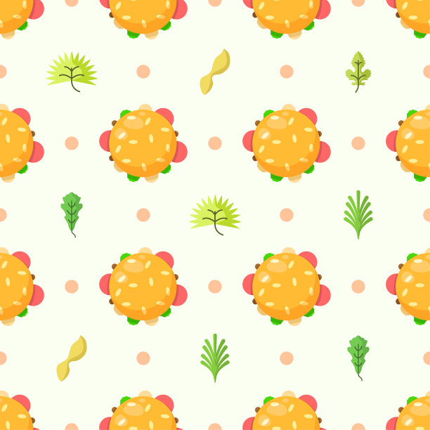 无缝图案抽象元素快餐汉堡芝士汉堡与叶子矢量设计风格背景插图纹理打印纺织品，服装，礼品包装，墙纸，蜡笔图片下载