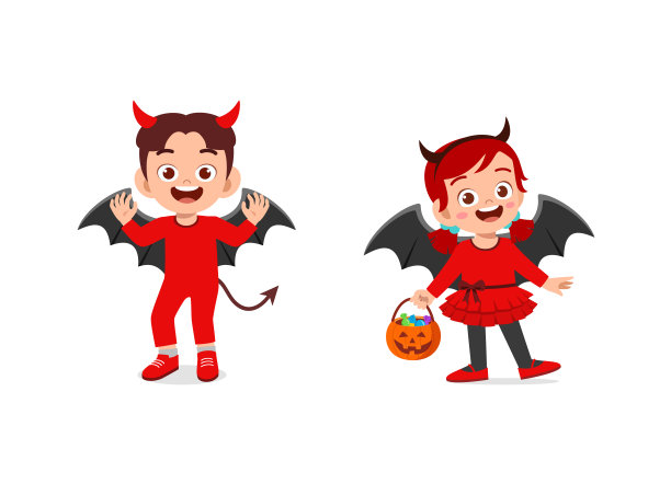 男孩和女孩庆祝万圣节穿魔鬼服装图片下载