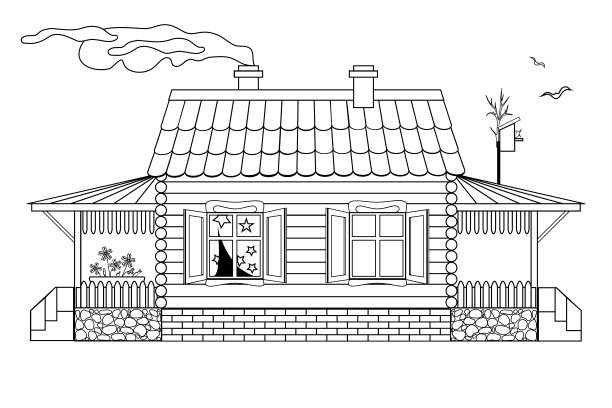 向量儿童涂色书一个木房子2窗口，门廊瓦屋顶，露台上的花，屋顶上的鸟屋，砖石基础。透明背景。图片下载