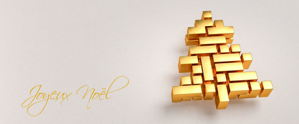在纸背景上用金色的俄罗斯方块做成的圣诞树。左边是法语信息“Joyeux Noël”(圣诞快乐)。网页标题格式。副本的空间。图片下载