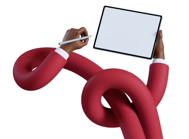3d渲染，有趣的卡通灵活纠结的非洲手握空白图形垫空白屏幕和数字笔。无线小玩意、电子设备。商务剪辑艺术孤立在白色背景图片下载