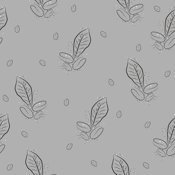 简单的图案与咖啡色的咖啡豆和树叶，芳香的咖啡在浅棕色的流行背景图片下载