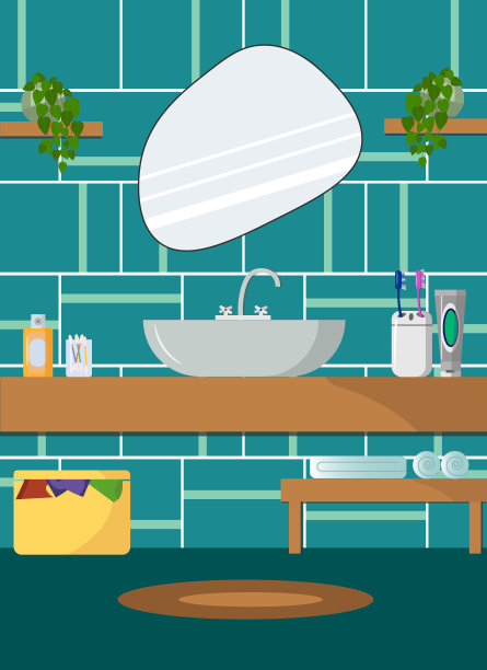 浴室内说明。浴缸有淋浴器，水槽，洗涤配件，镜子。图片下载
