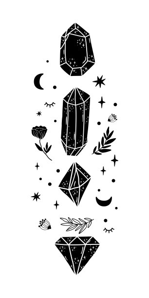 水晶，月亮，几何神秘图形元素。黑色神秘水晶，鲜花，月亮。天体宝石图形元素。手绘炼金术占星符号神秘的魔法矢量插图。图片下载