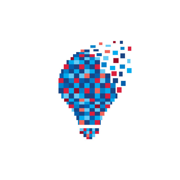 像素技术灯泡创意标志模板。图片下载