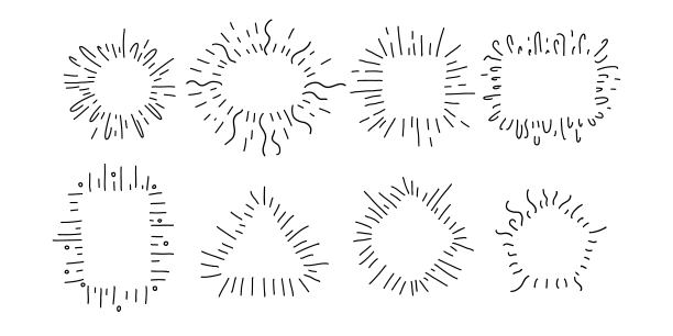 手绘装饰星爆框架集。轮廓闪亮的星与几何框架和复制空间。最小的爆炸烟花。辐射状阳光的轮廓线示意图。向量孤立的模板图片下载