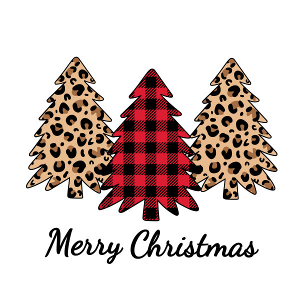 圣诞快乐豹纹和布法罗格子装饰。豹纹和水牛格子图案的圣诞树。冬季森林。在白色背景上孤立的设计对象。图片下载