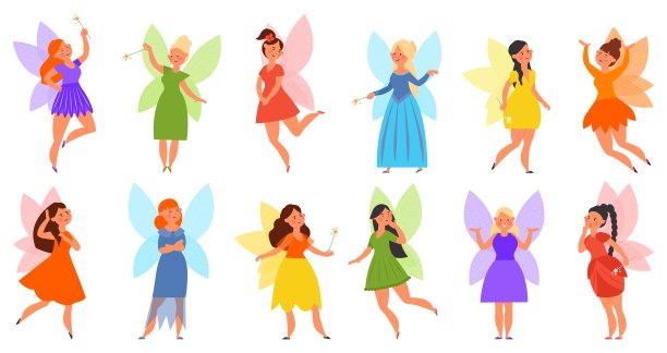 小仙女集合。穿着裙子的小仙女，长着翅膀的神奇女孩。卡通故事人物，可爱的幻想得体的向量女性设定图片下载