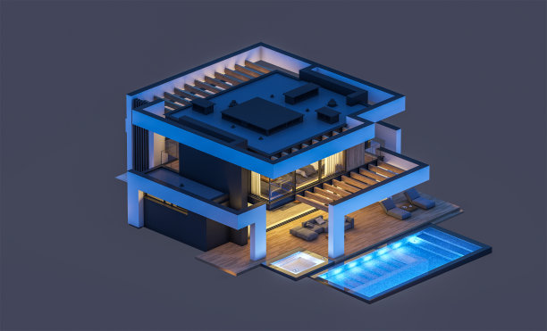 3d渲染的现代住宅豪华风格在夜间孤立在黑色图片下载