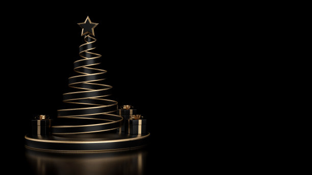 现代黑色和金色的圣诞树和礼品盒。空白黑色背景- 3D插图图片下载