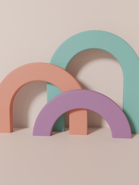 3D渲染复古多颜色工作室拍摄的产品展示背景与拼图块周年纪念，庆祝或派对活动。紫色，黄色，粉红色和蓝绿色。图片下载