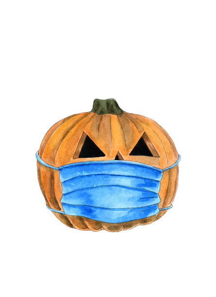 万圣节南瓜配医用口罩预防新冠疫情水彩插图孤立在白色图片下载