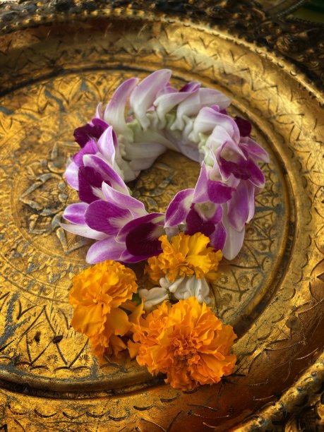 花环放在一个金色的盘子里。向泰国传统致敬图片下载