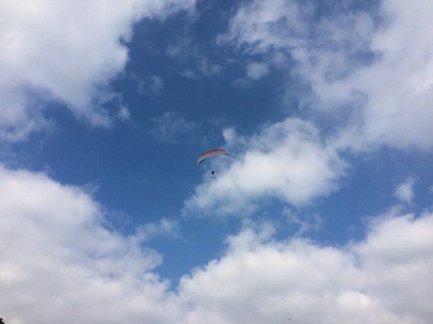 英国伯恩茅斯海滩，在多云的蓝天下滑翔伞图片下载