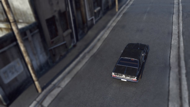 20世纪70年代的老式肌肉车行驶在一个破旧的老村庄的废弃街道上。后方顶视图。3 d渲染。图片下载