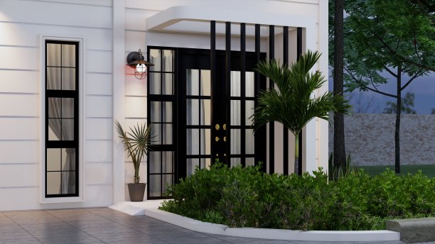 看到漂亮的花园和现代美式住宅的前院图片下载