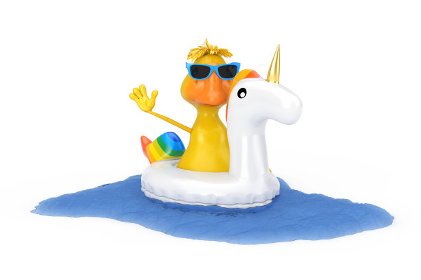 可爱的黄色卡通鸭子人物角色与夏季游泳池充气橡胶独角兽玩具游泳。3d渲染图片下载