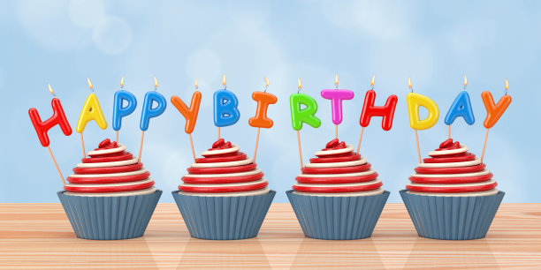 生日快乐蜡烛纸杯蛋糕。3d渲染图片下载