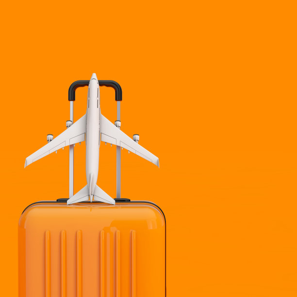 旅行的概念。橙色旅行手提箱与白色喷气客机飞机模型。3d渲染图片下载