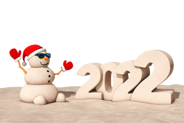 桑迪圣诞雪人在阳光海滩与2022年新年标志。3d渲染图片下载