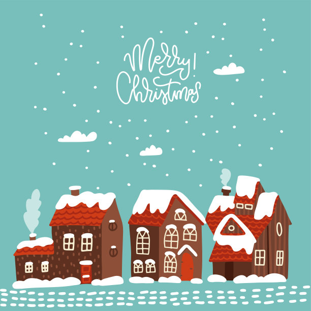 圣诞快乐温馨贺卡。冬天大雪覆盖了整个城市。在多云的天空下，可爱的小雪屋。平面手绘矢量插图与字母图片下载