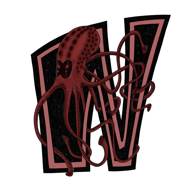 字母N是字母创意字体的一部分。黑白字母和抽象的大红色酒红色章鱼。为设计，网页，室内，海报，印刷的手绘字母插图。图片下载